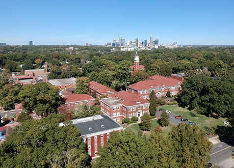 Aerial view of Queens campus and Uptown