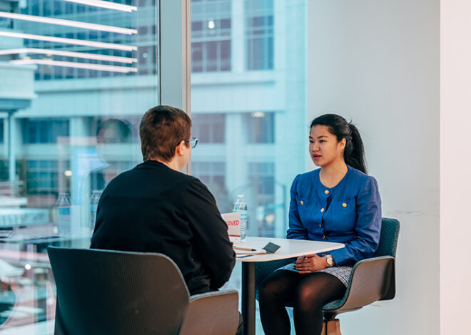 Student being interviewed for internships